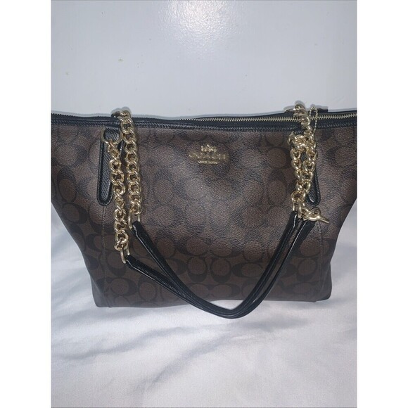 Women's Coach bag  Ava Chain Tote Signature Canvas in Brown/Black Authentic - Picture 15 of 15